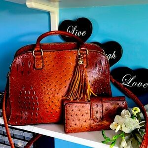 cognac colored shoulder bag faux ostrich skin leather with matching wallet.